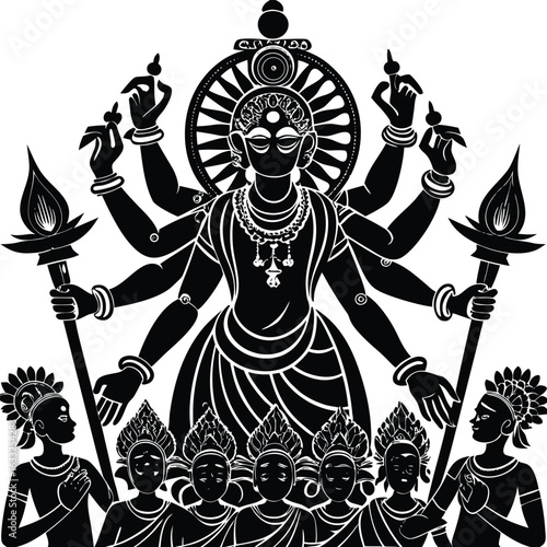 Divine goddess durga with multiple arms and attendants in a striking black and white silhouette