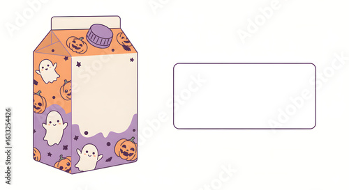 A cartoon illustration of a Halloween-themed milk carton with pumpkins and ghosts, and a blank label.