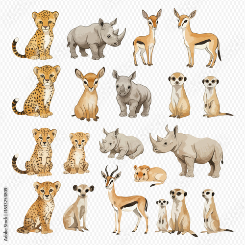 A charming collection of watercolor illustrations of African safari animals, including cheetahs, rhinos, gazelles, and meerkats.