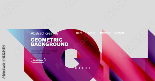 Website mockup displays colorful geometric background. Navigation includes work, about, portfolio, contact options. Button invites further exploration.