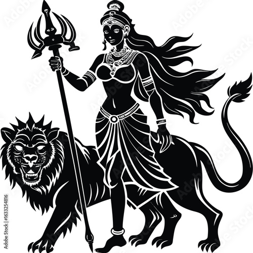Powerful hindu goddess durga standing with her lion vahana holding a trident in a striking silhouette