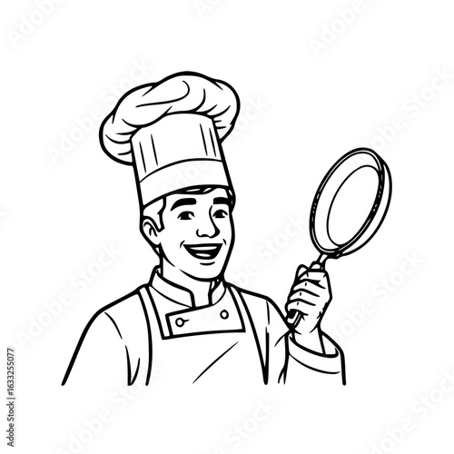 outline chef with frying pan vector illustration
