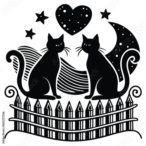 Two black cats sitting on a fence under a starry sky with a moon and heart silhouette