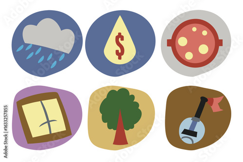Set of colorful icons with rain dollar sign pizza window tree banjo rain cloud