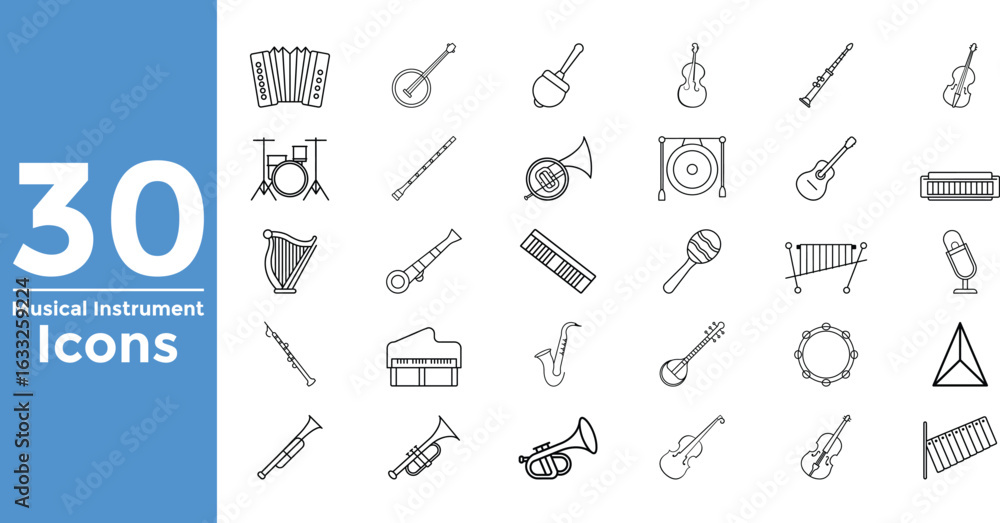 Naklejka premium 30 Musical Instrument Line Icons Set With White Background sound melody