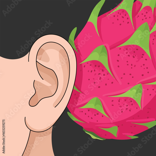 Listening to Dragon Fruit Concept Showing Human Ear and Exotic Fruit
