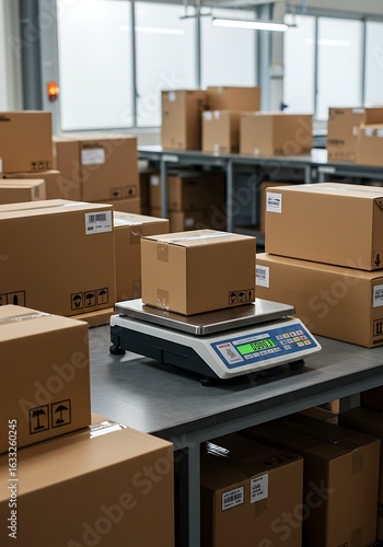 倉庫内、梱包箱と計量器