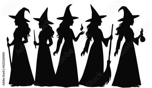 Spellbinding halloween witches silhouetted white background