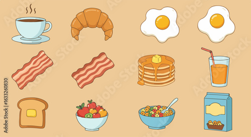 Food Icon Set with Pancake, Bacon, Croissant, and Breakfast Dishes