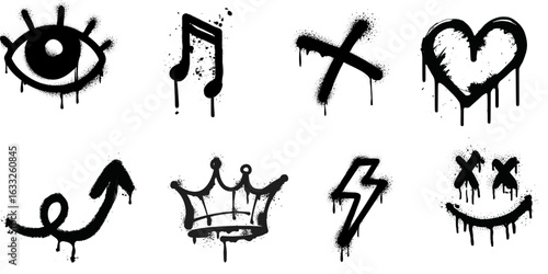 Spray Paint Graffiti Icons Set – Grunge Drip Symbols for Urban Art & Design white background