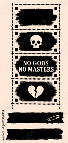 Grunge punk collage with film strip frame, skull, broken heart, safety pin, and anarchist slogan "No Gods No Masters" in black ink splatter style on beige background
