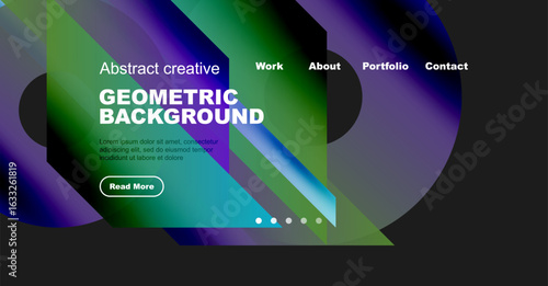 Website mockup displays vibrant geometric background. Navigation includes work, about, portfolio, contact options. Button invites further exploration.