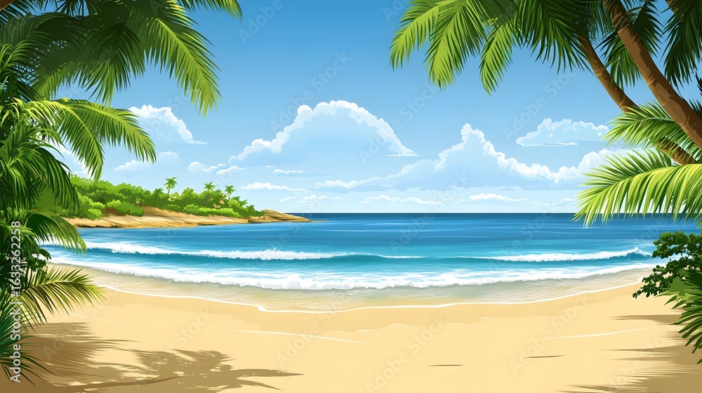 Obraz premium Tropical beach scene with palm trees and a calm ocean.