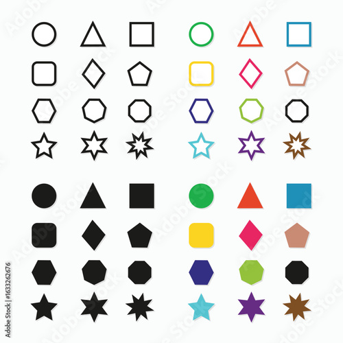 Set of geometric shapes and elements, silhouette or colourful art vector illustration on transparent background