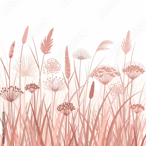 A delicate, stylized illustration of wild meadow grasses and flowers in a soft pink hue against a white background.