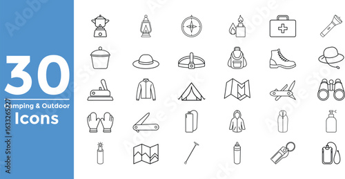 Collection of 30 Camping and Outdoor Activity Line Icons vector illustration