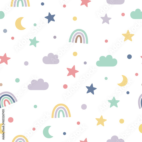 A whimsical seamless pattern featuring pastel rainbows, stars, clouds, and moons on a white background.