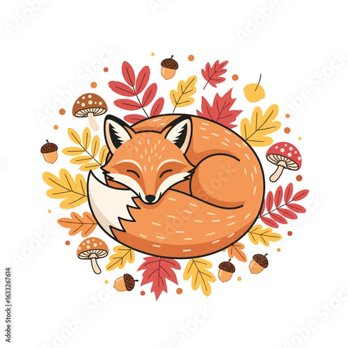 A cute cartoon fox sleeping peacefully curled up amongst colorful autumn leaves, acorns, and mushrooms.
