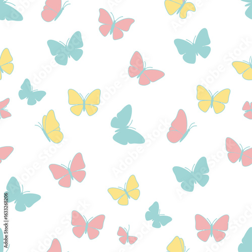 Pastel butterflies flutter across a seamless white background, creating a cheerful, repeating pattern.