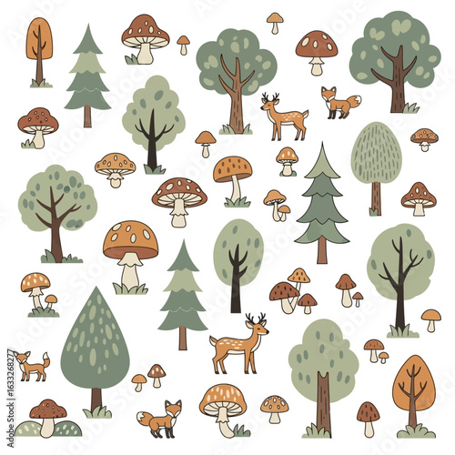 Charming woodland creatures and autumnal trees amidst a scattering of mushrooms.
