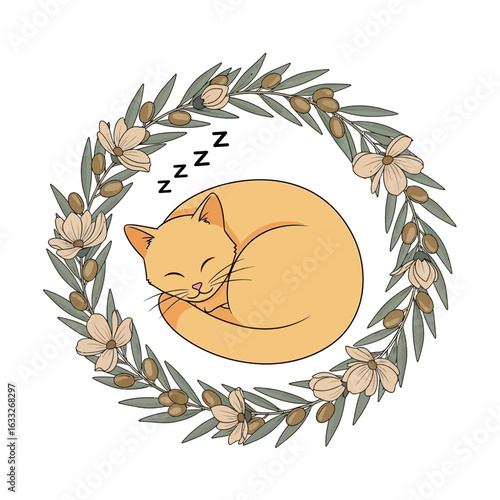 A peaceful orange cat curled asleep within a floral olive branch wreath.