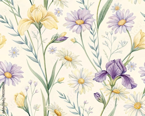Wallpaper Mural A Beautiful Watercolor Painting of a Meadow Filled with Vibrant Spring Flowers Including Irises Daisies and Yellow Tulips Torontodigital.ca