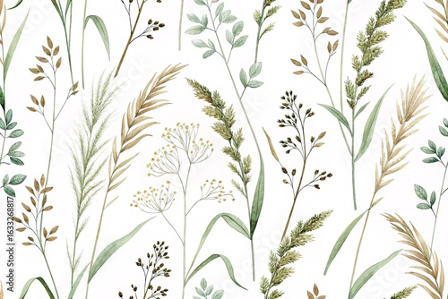 Delicate Watercolor Botanical Pattern Featuring Wispy Meadow Grasses and Wildflowers in Earthy Tones