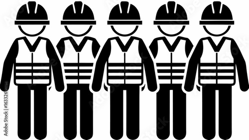 Illustration of five construction workers wearing hard hats and safety vests standing in a row isolated | editable eps vectors silhouette