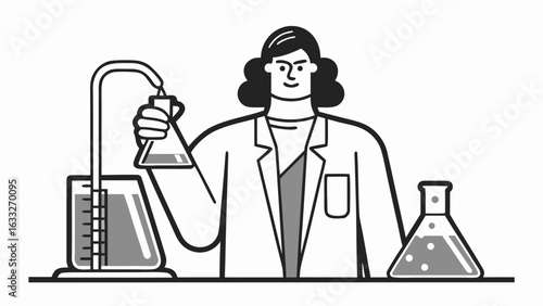 Illustration of a female scientist in a lab coat conducting an experiment with beakers and flasks | editable eps vectors silhouette