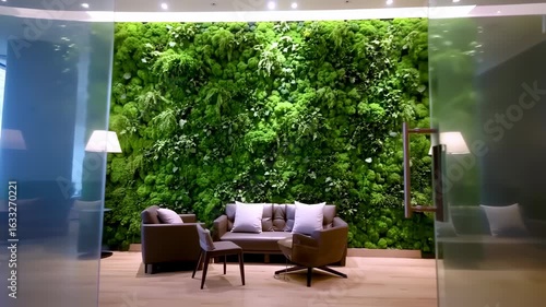 Modern office interior with green wall and comfortable lounge area.