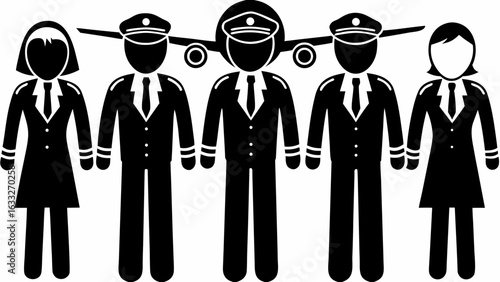 Group of pilots and flight attendants standing in front of an airplane in monochrome style design | editable eps vectors silhouette