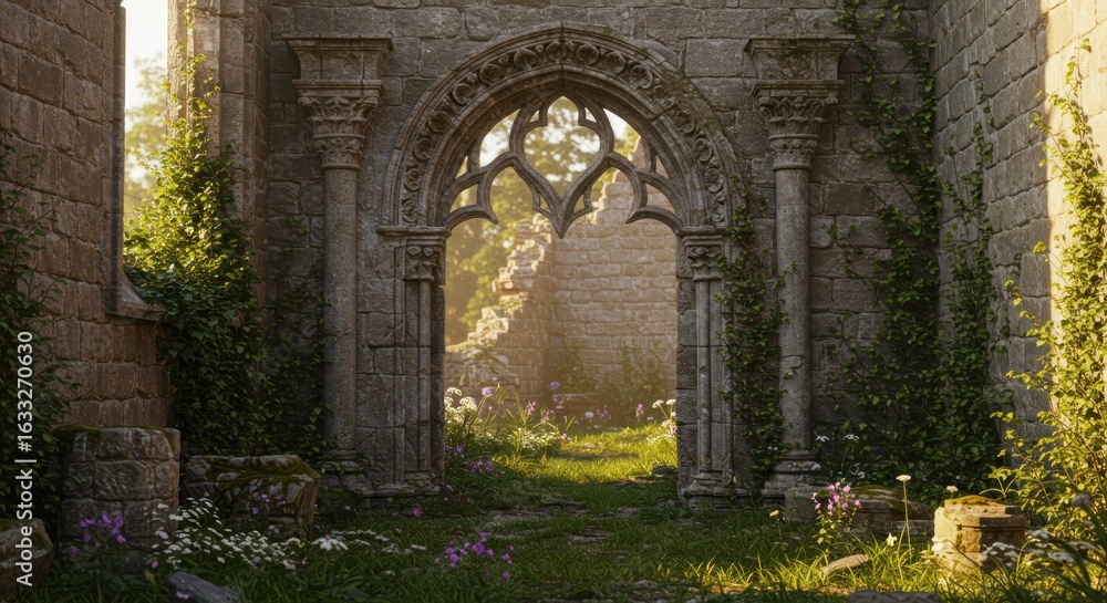 Fototapeta premium Serene portal through forgotten gothic ruins surrounded by verdant wild growth