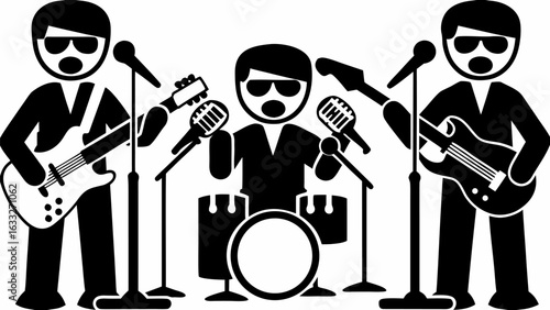 Illustration of a band performing with guitars drums and microphones in black and white style | editable eps vectors silhouette