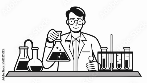 Scientist in lab coat holding flask with liquid surrounded by scientific equipment on a table top | editable eps vectors silhouette