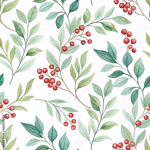 A beautiful watercolor pattern featuring delicate green leaves and vibrant red berries arranged gracefully on a white background creating a charming natural botanical design