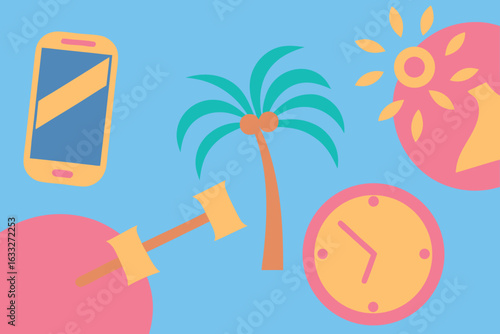Colorful icons of phone palm tree clock and weights set of