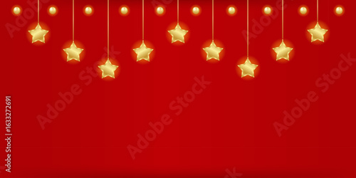 Merry Christmas background with glowing garland, golden stars on red backdrop, empty space. Vector illustration for holiday text overlay, greeting card and promo material