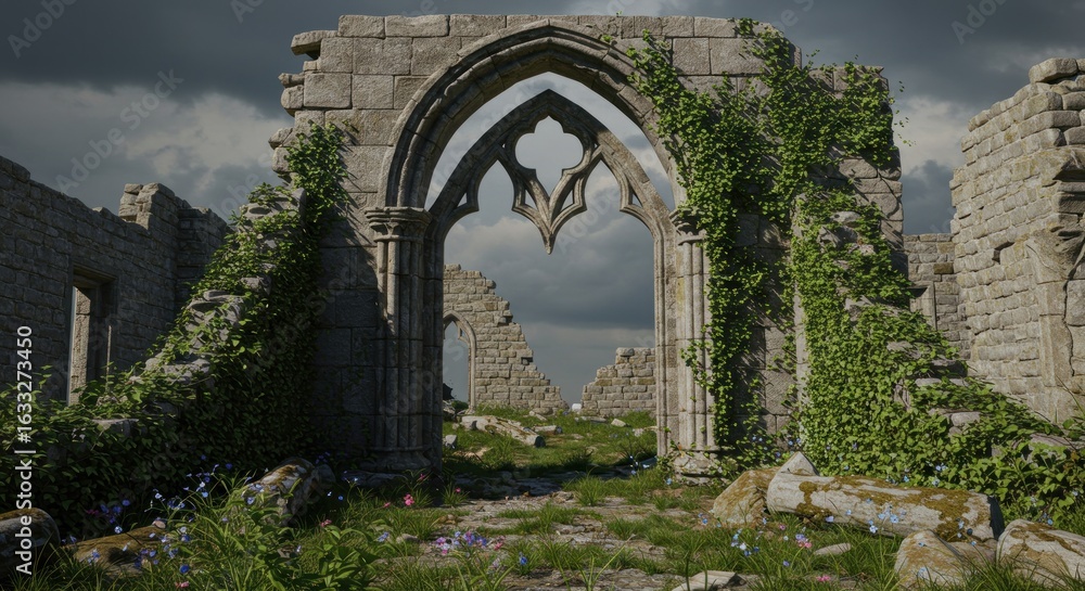 Fototapeta premium Ancient stone ruins overgrown with vibrant vegetation beneath stormy skies landscape