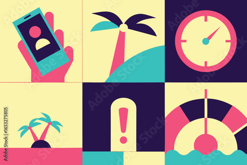 Colorful travel and communication icons set of phone