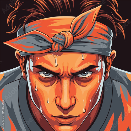 Determined Man Wearing Headband with Intense Gaze and Sweat Dripping