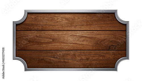 Elegant wooden plank sign with a polished metal frame on a black background