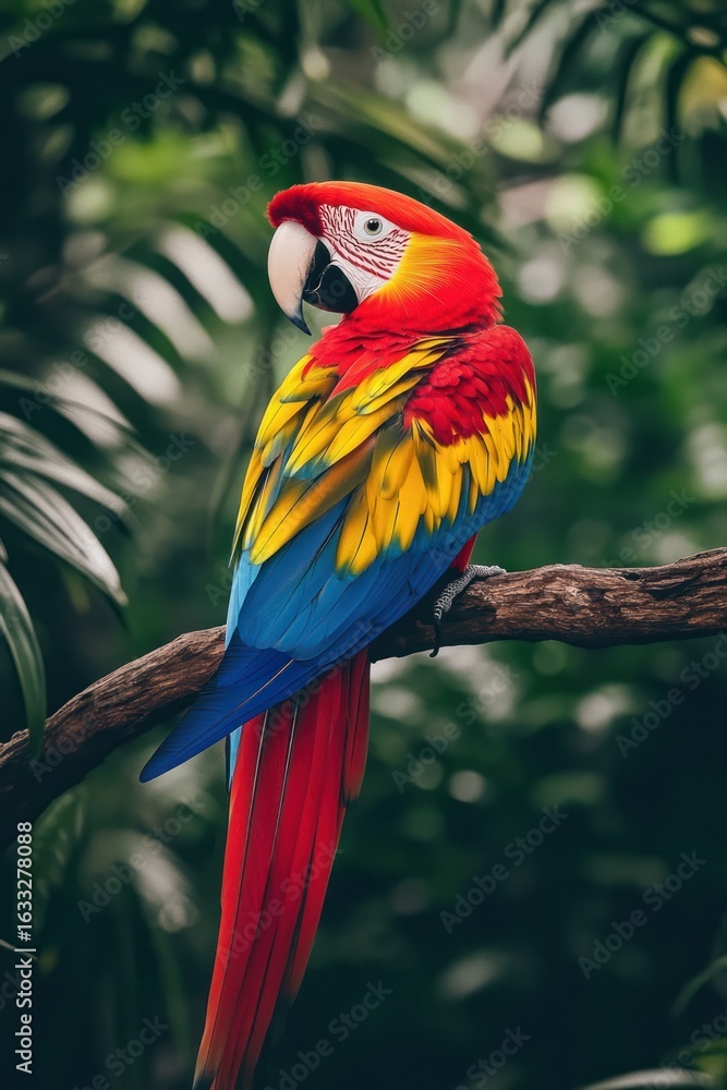 Obraz premium Vibrant macaw perched on branch, lush green foliage