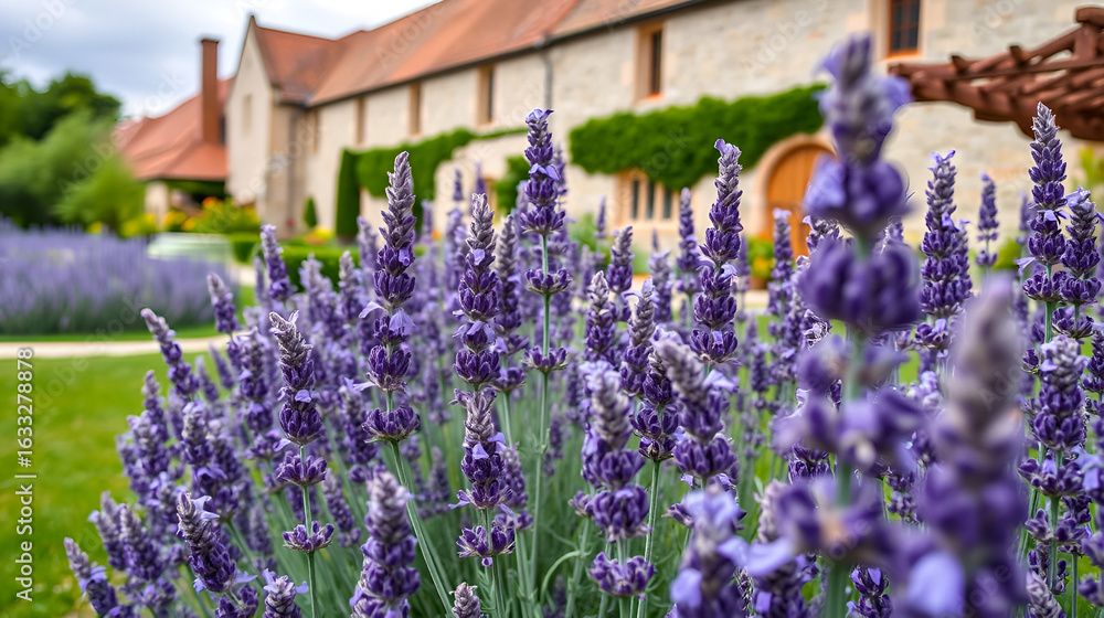 Obraz premium Lavender blooming in a beautiful garden of a medieval monastery