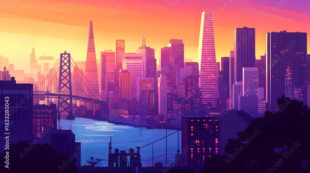 Fototapeta premium A stylized cityscape at sunrise.