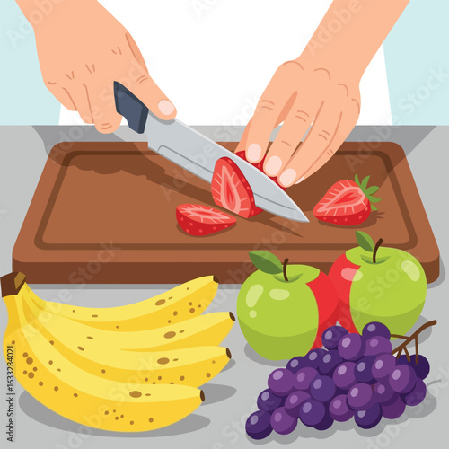 Cutting Fresh Strawberry on Board with Knife Amidst Fruits
