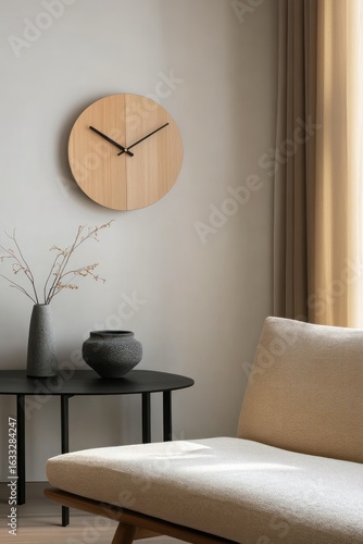 Light-wood clock on a light-beige wall, next to a dark-gray vase and a cream-colored sofa