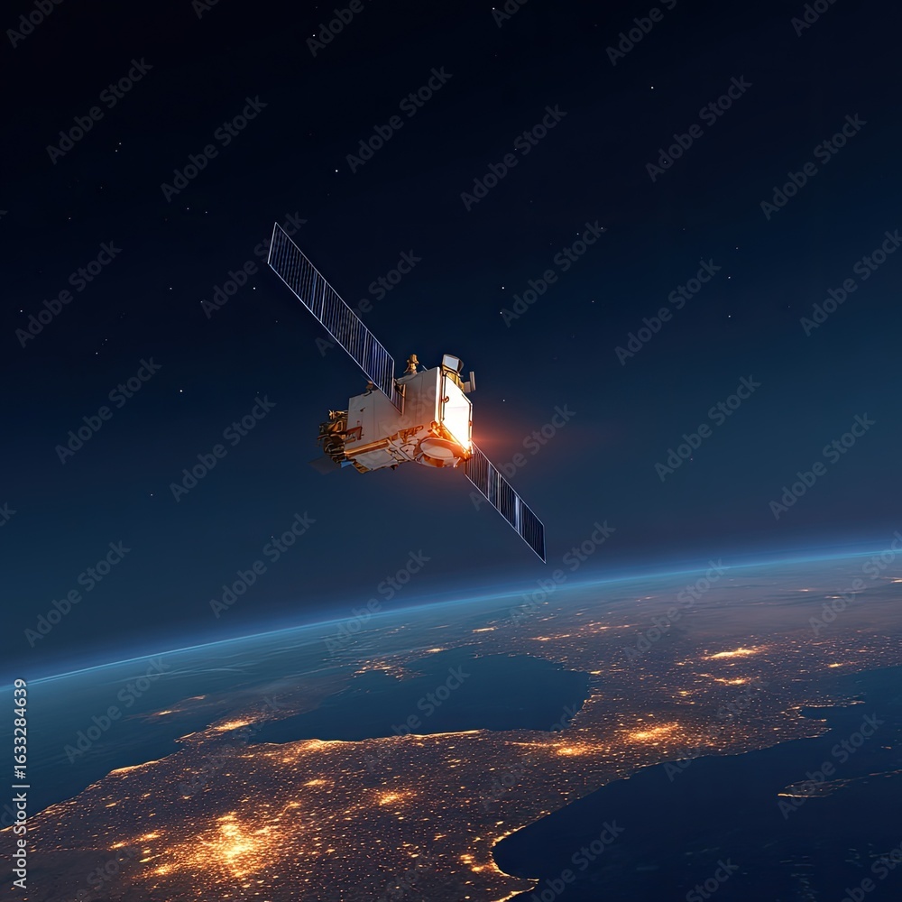 Naklejka premium Satellite orbiting Earth at night (23)