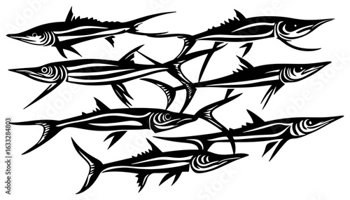 Silhouette of a Swordfish Group Cutting Through the ocean