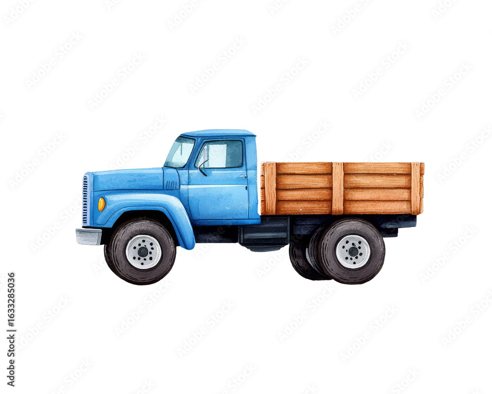 Fototapeta premium Vintage blue pickup truck with wooden bed