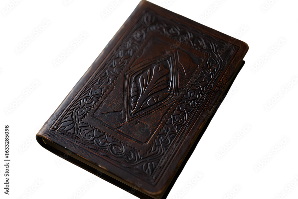 Fototapeta premium Ornate antique-style dark brown leather-bound journal with intricate Celtic embossed patterns.